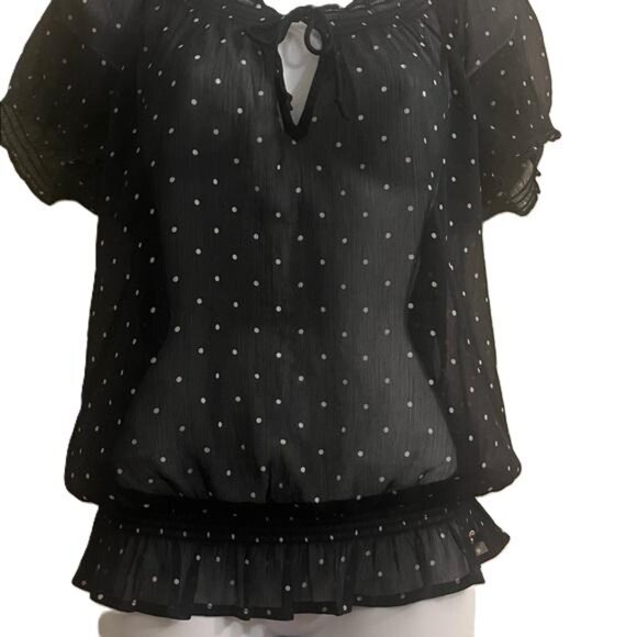 Hollister Black Polka Dot Smocked Off Shoulder Blouse Top Womens Size L - Picture 4 of 5